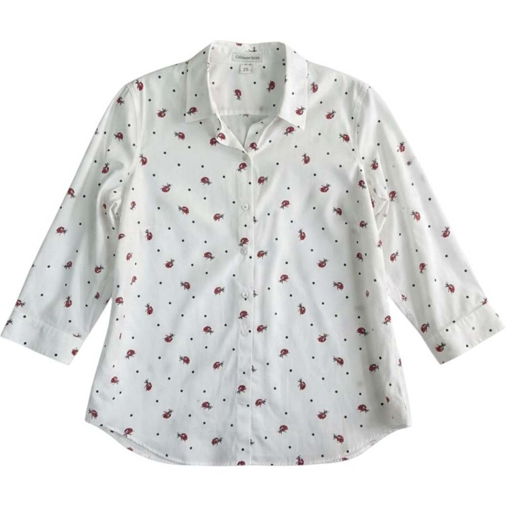Coldwater Creek Blouse 18W Ladybug Polka Dot White Cotton Button Up Blouse